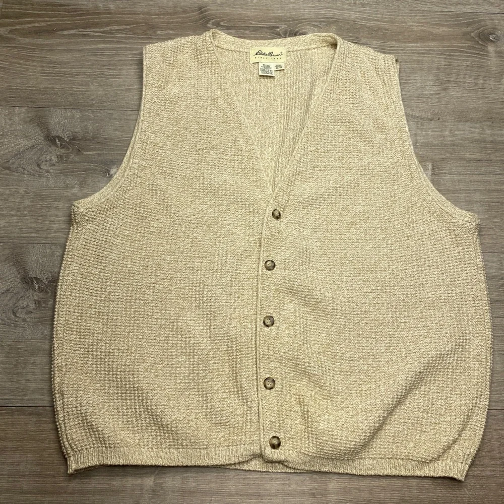 Eddie Bauer Mens M Cotton Knit Sweater Vest Beige‎ Tan V-Neck Cardigan Made USA